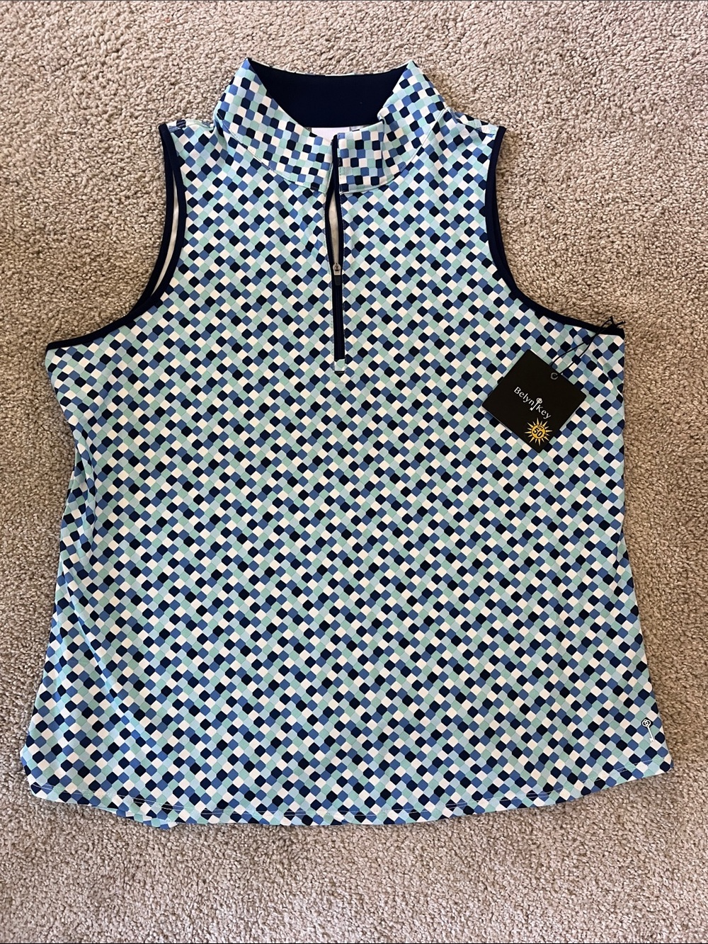 Belyn Key Blue and White Geometric Sleeveless Mock Neck Tank